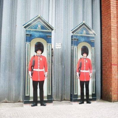 Two large cardboard cutouts of British Coldstream Guards on 10mm Correx Standee