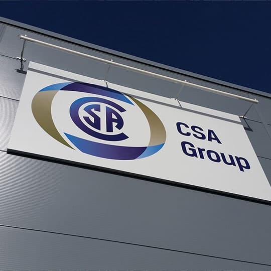 Large scale sign tray featuring the 'CSA Group logo' with printed graphics